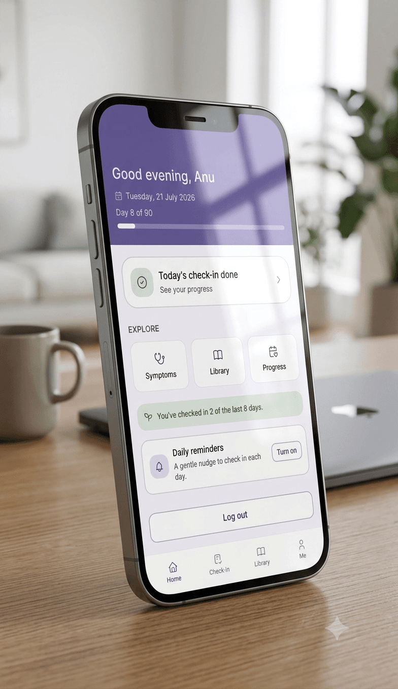 Peri Log open on a phone, showing the home screen with today's check-in complete, quick links to symptoms, library and progress, and a daily reminder card